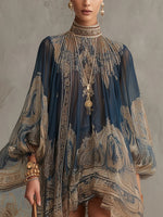 Bérénice | Vestido mini de muselina asimétrico con estampado barroco azul marino y cuello alto