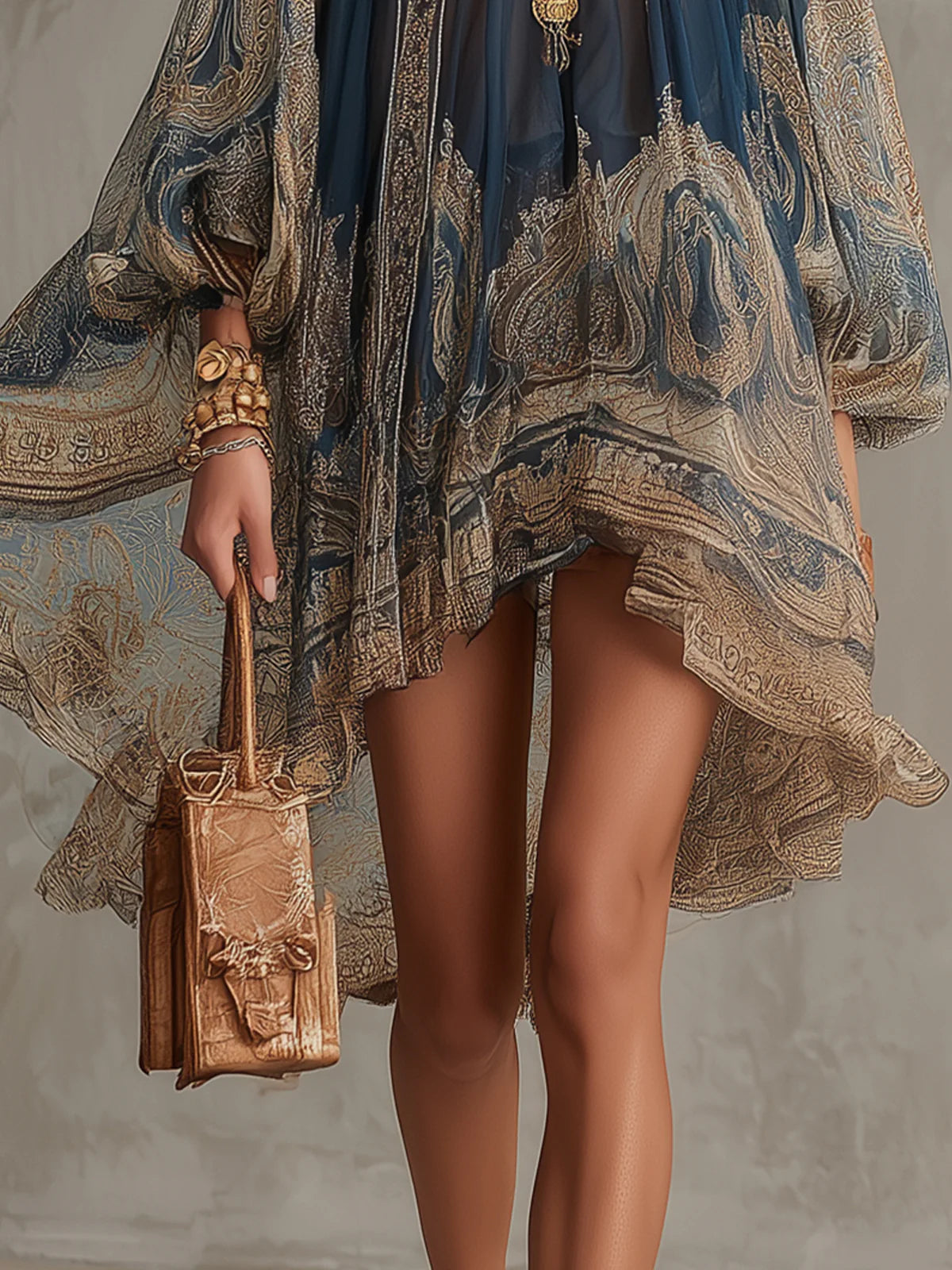 Bérénice | Vestido mini de muselina asimétrico con estampado barroco azul marino y cuello alto