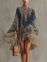 Bérénice | Vestido mini de muselina asimétrico con estampado barroco azul marino y cuello alto