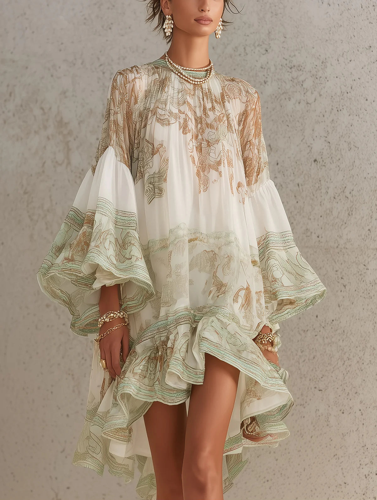 Rosalie | Vestido mini de muselina con mangas de volantes y bajo de rayas verde
