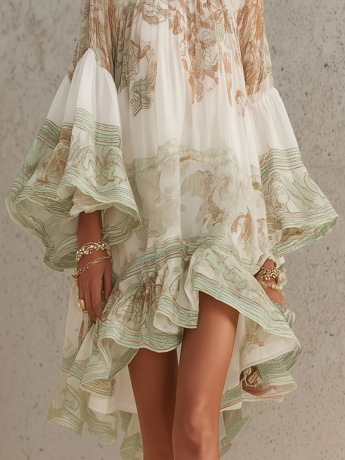 Rosalie | Vestido mini de muselina con mangas de volantes y bajo de rayas verde