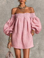 Violette | Vestido mini trapecio rosa con mangas farol y hombros al aire
