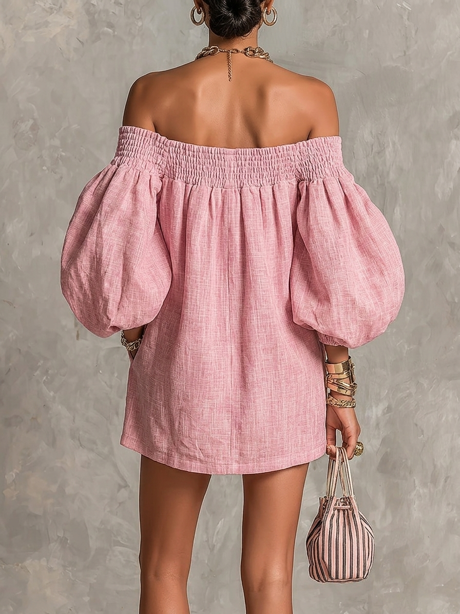 Violette | Vestido mini trapecio rosa con mangas farol y hombros al aire