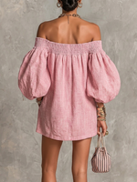 Violette | Vestido mini trapecio rosa con mangas farol y hombros al aire