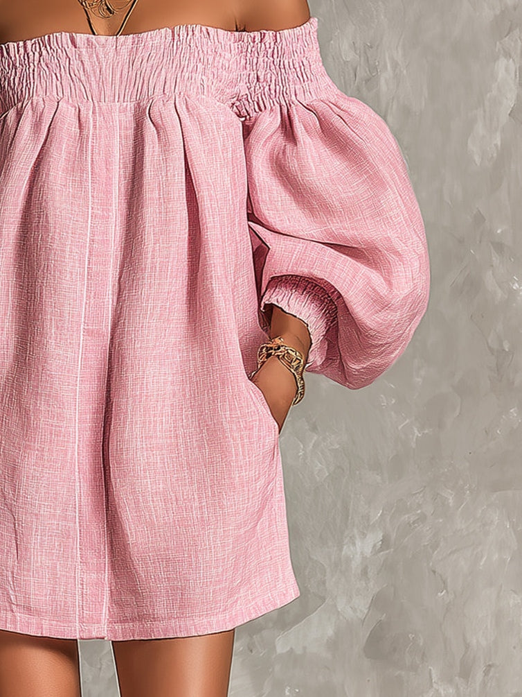Violette | Vestido mini trapecio rosa con mangas farol y hombros al aire