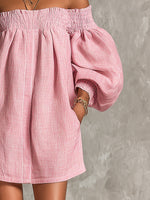 Violette | Vestido mini trapecio rosa con mangas farol y hombros al aire