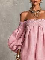 Violette | Vestido mini trapecio rosa con mangas farol y hombros al aire