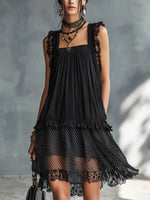 Pauline | Vestido mini transparente de lunares con volantes y ribete de encaje negro