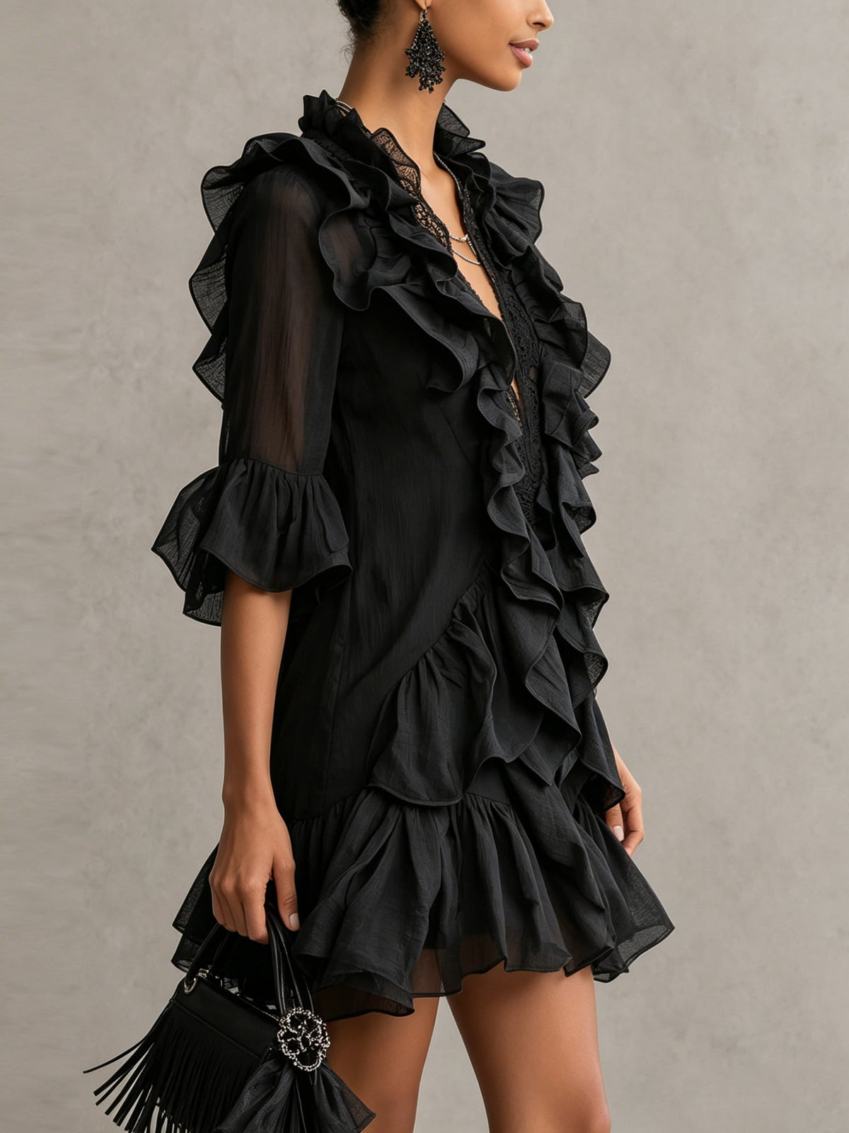 Anaïs | Vestido mini de muselina negra con volantes