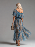 Sauvage | Vestido largo de muselina con estampado de leopardo y hombros al aire