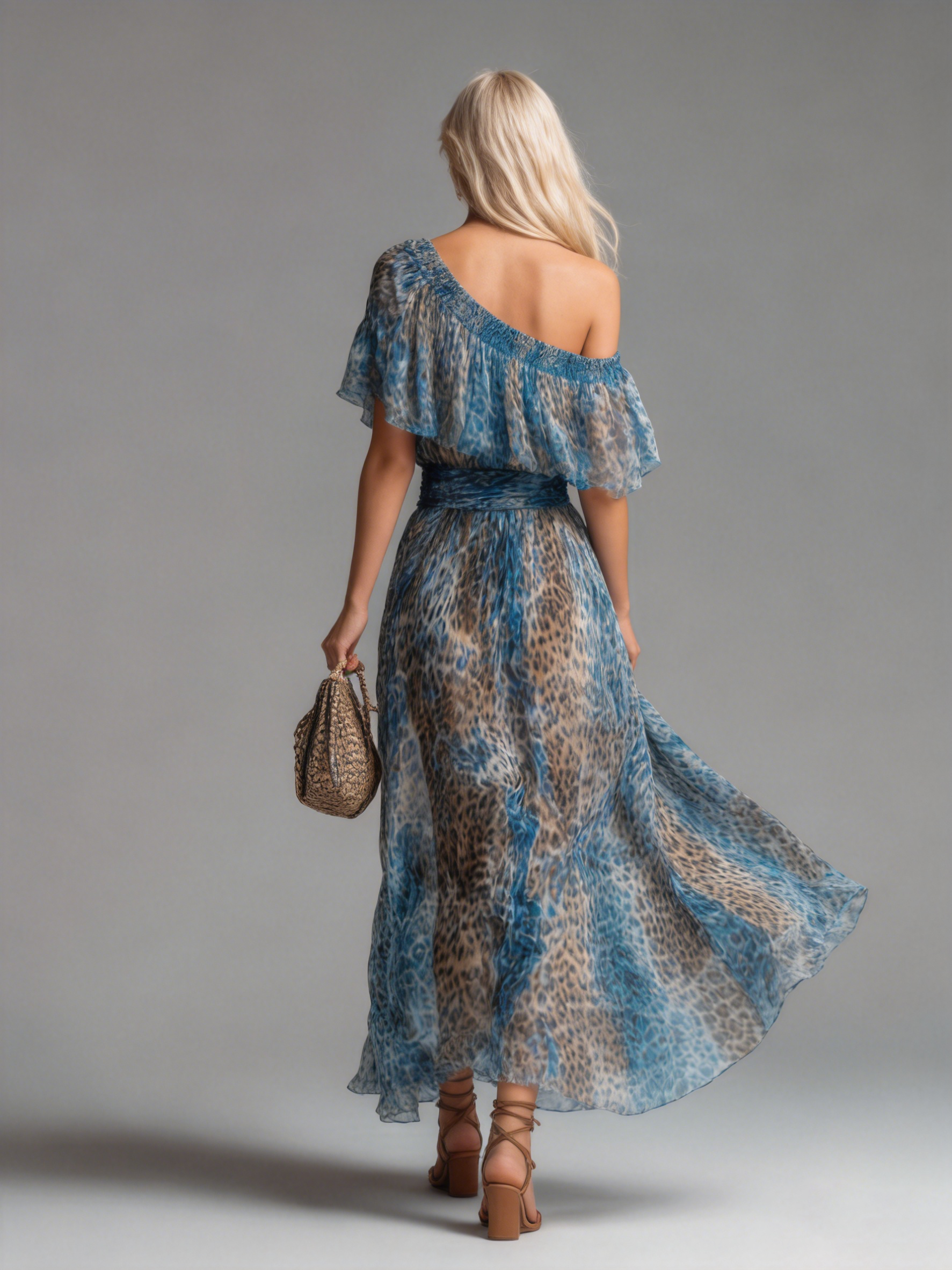 Sauvage | Vestido largo de muselina con estampado de leopardo y hombros al aire