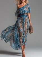 Sauvage | Vestido largo de muselina con estampado de leopardo y hombros al aire