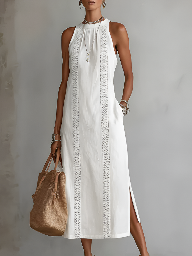 Jimena | Vestido midi informal bordado con cuello mao