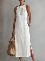 Jimena | Vestido midi informal bordado con cuello mao