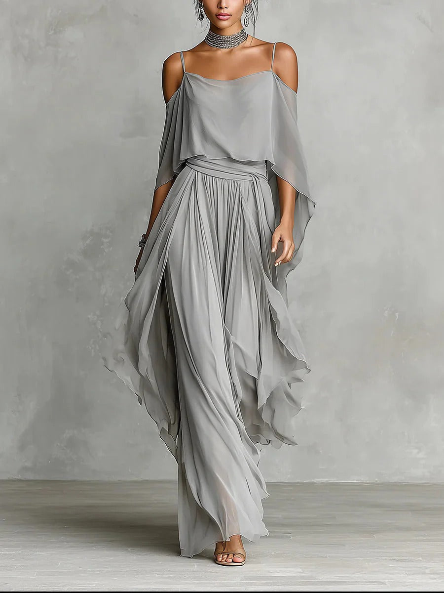 Isabelle | Conjunto fluido gris con top de tirantes finos y pantalón ligero