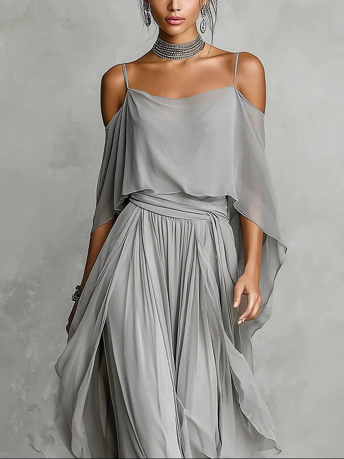 Isabelle | Conjunto fluido gris con top de tirantes finos y pantalón ligero