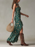 Zara | Vestido largo boho fruncido con estampado floral y abertura lateral