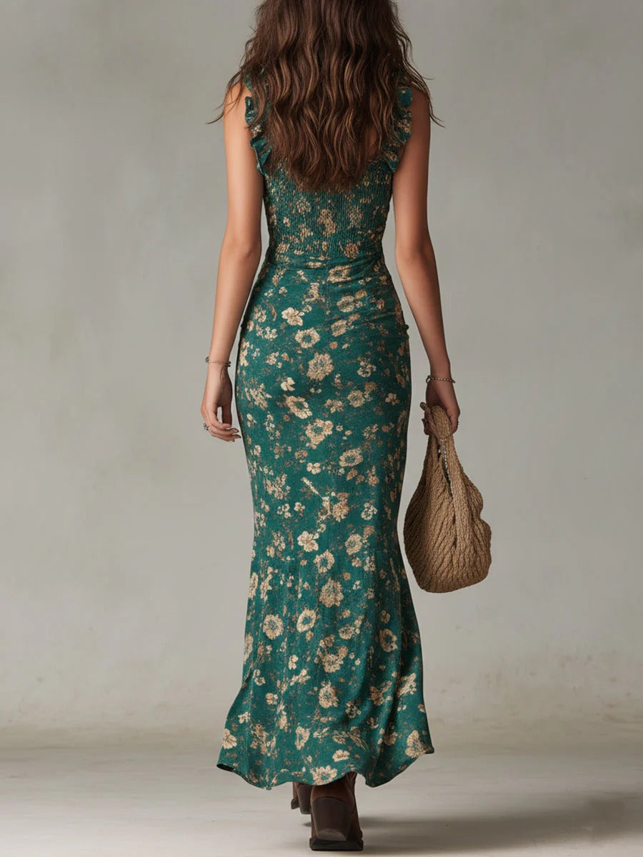 Zara | Vestido largo boho fruncido con estampado floral y abertura lateral