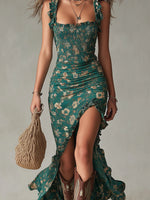 Zara | Vestido largo boho fruncido con estampado floral y abertura lateral