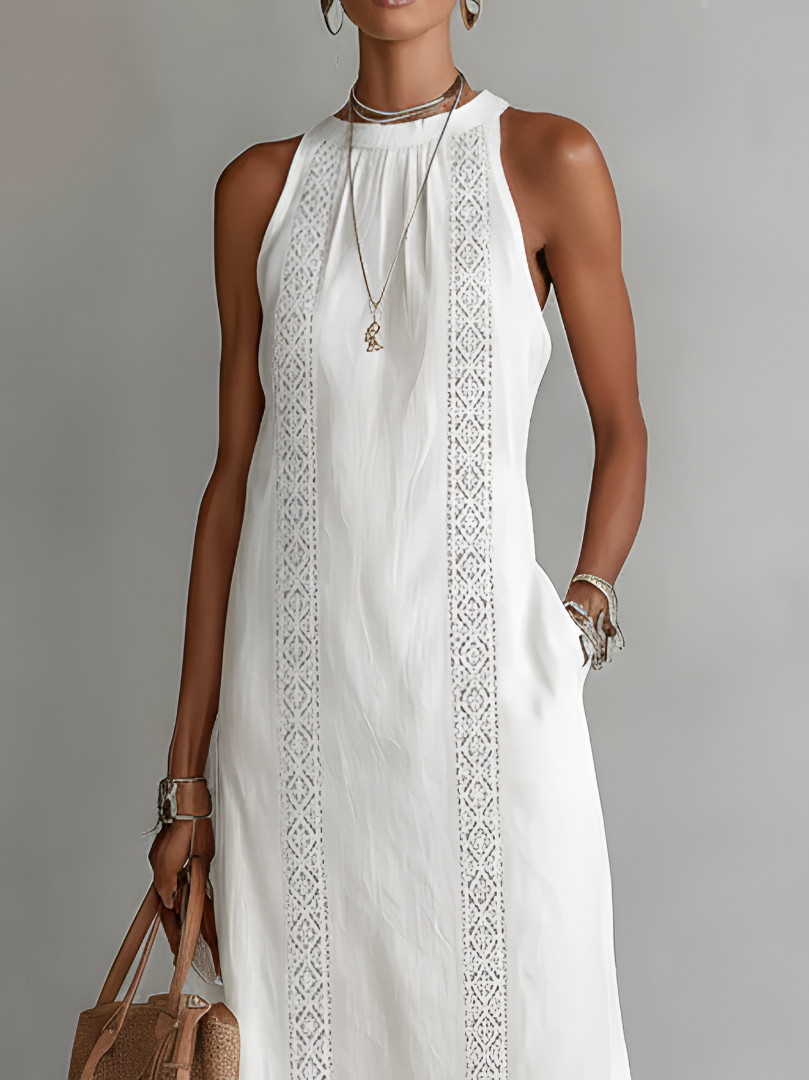 Jimena | Vestido midi informal bordado con cuello mao