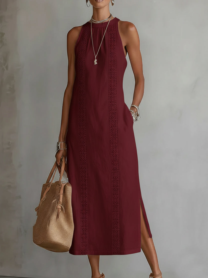 Jimena | Vestido midi informal bordado con cuello mao