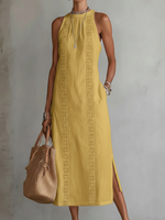Jimena | Vestido midi informal bordado con cuello mao