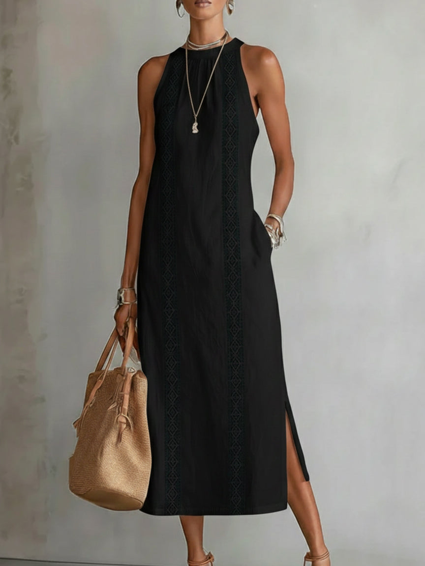Jimena | Vestido midi informal bordado con cuello mao
