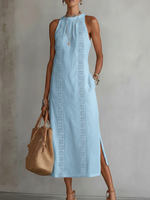Jimena | Vestido midi informal bordado con cuello mao